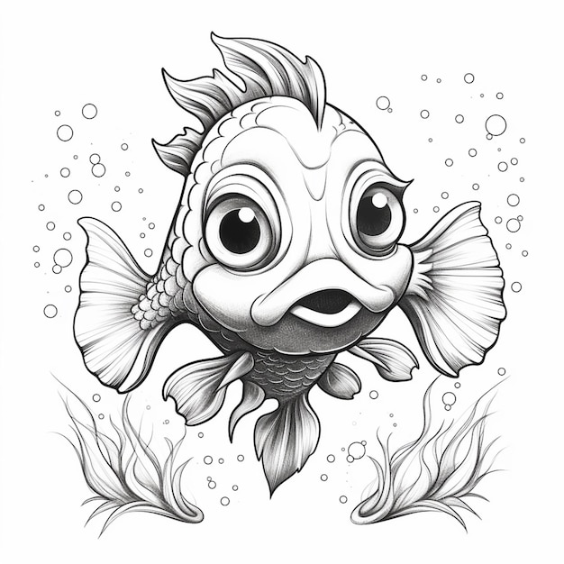 Een tekening van een vis met grote ogen en een grote neus generatieve ai