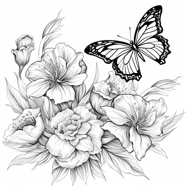 een tekening van een vlinder en bloemen met een vlinder erop generatieve ai