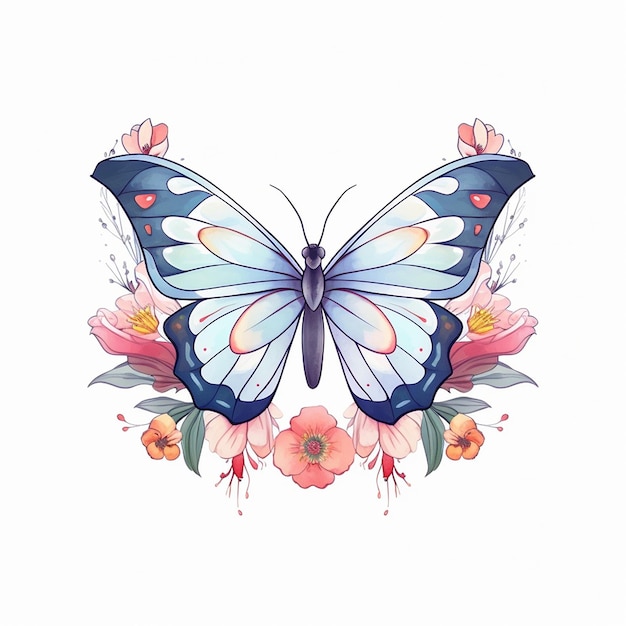 Een tekening van een vlinder met bloemen en vlinders.