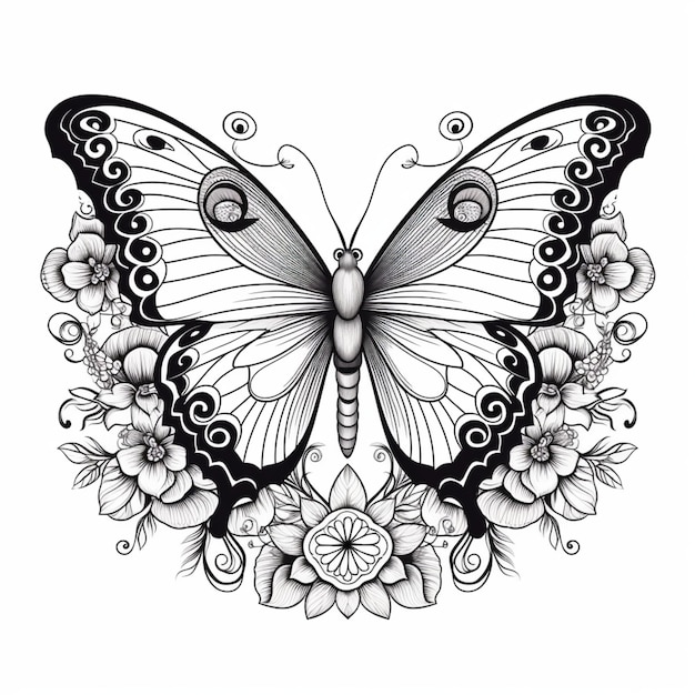 een tekening van een vlinder met bloemen en vlinders.