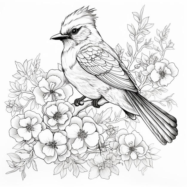 een tekening van een vogel die op een tak van een boom zit met bloemen generatieve ai