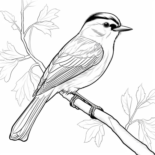 een tekening van een vogel zittend op een tak met bladeren generatieve ai