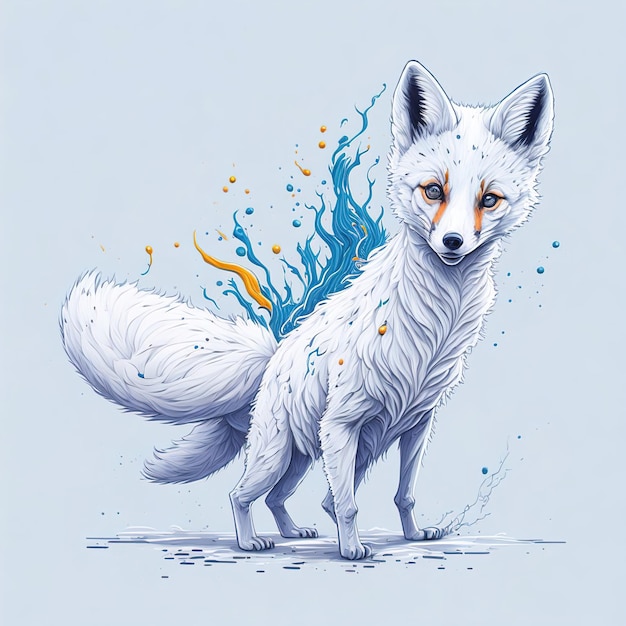 Een tekening van een vos met oranje ogen en blauwe ogen.