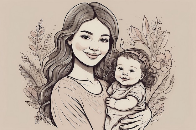 een tekening van een vrouw die een baby vasthoudt