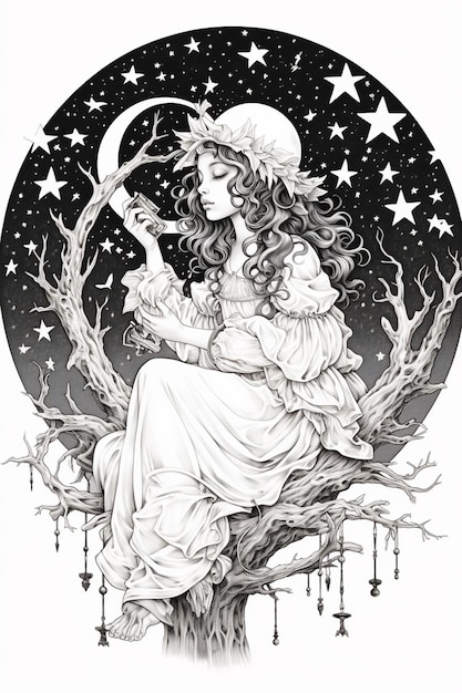 een tekening van een vrouw die op een boom zit met een maan op de achtergrond generatieve ai