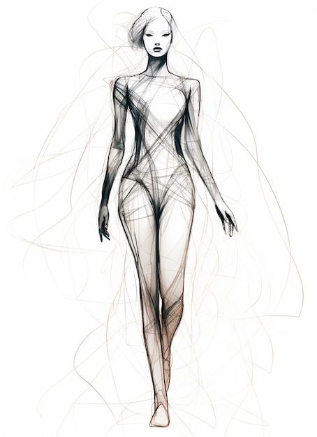 een tekening van een vrouw in een bodysuit die op een wit oppervlak loopt generatieve ai