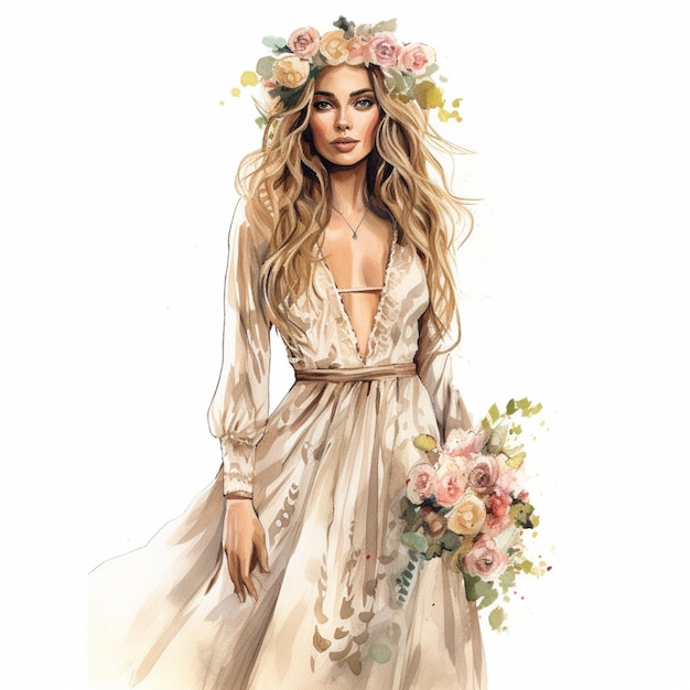 een tekening van een vrouw in een jurk met bloemen op haar hoofd generatieve ai