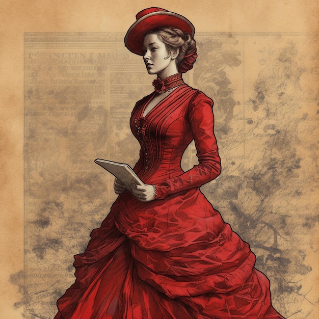 Een tekening van een vrouw in een rode jurk met het woord " de titel " erop.