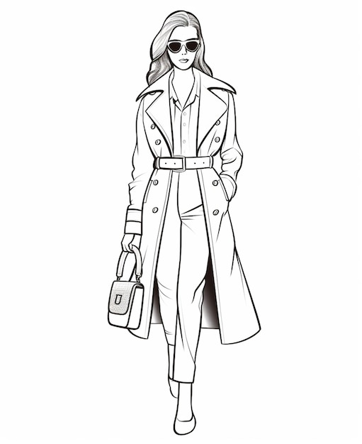 een tekening van een vrouw in een trenchcoat en zonnebril generatieve ai