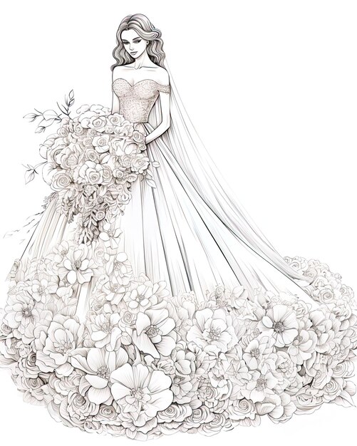 een tekening van een vrouw in een trouwjurk met bloemen in haar haar