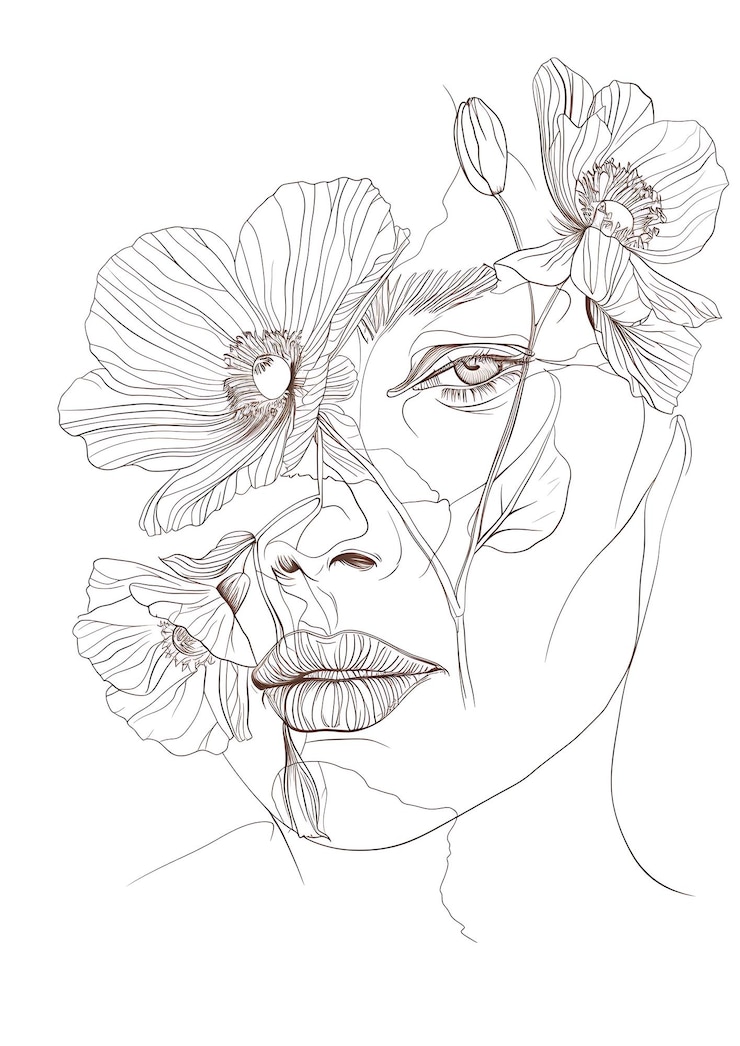 Foto een tekening van een vrouw met bloemen op haar gezicht