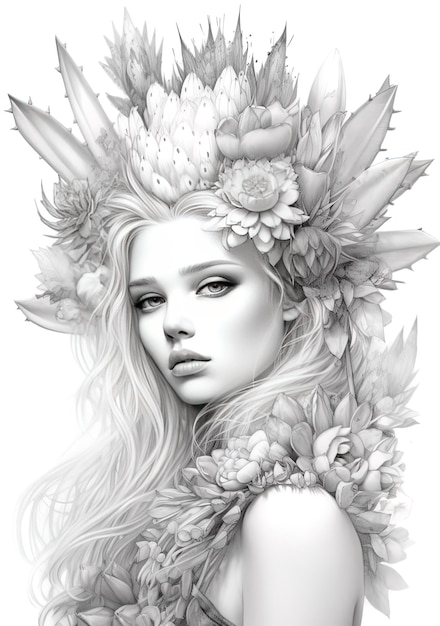 een tekening van een vrouw met bloemen op haar hoofd