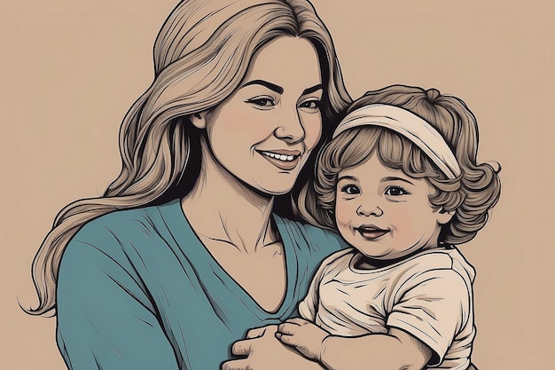 een tekening van een vrouw met een baby en een hoed