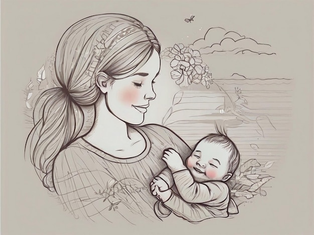 een tekening van een vrouw met een baby in haar armen