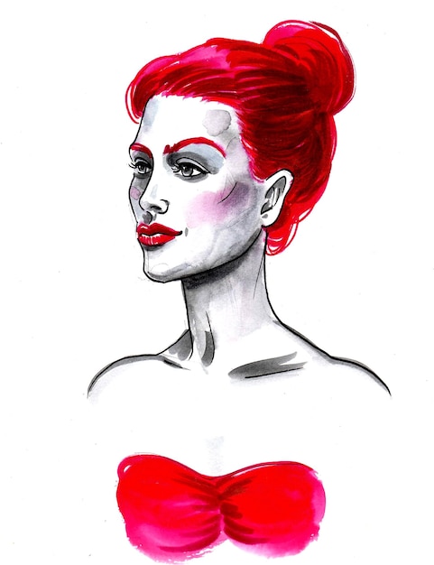 Een tekening van een vrouw met rood haar en een strik op haar hoofd.