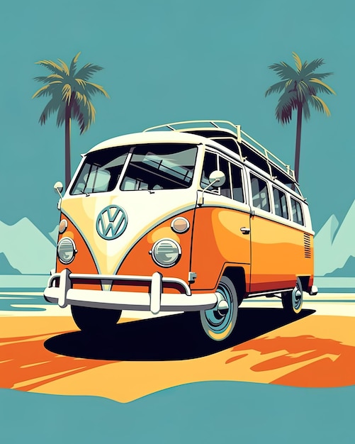 Foto een tekening van een vw-bus met palmbomen op de achtergrond