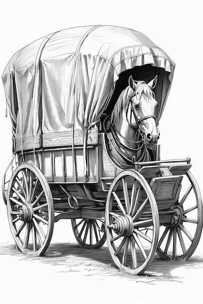 Foto een tekening van een wagen met een paard erop.