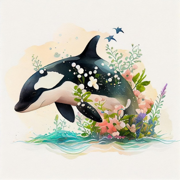 Een tekening van een walvis die in het water zwemt met vogels en bloemen.