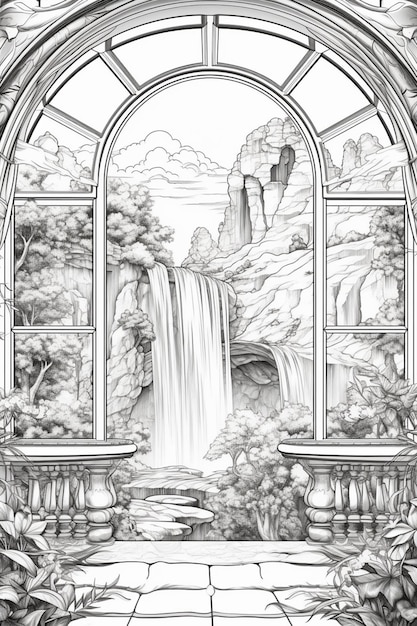 een tekening van een waterval in een raam met uitzicht op de bergen generatieve ai