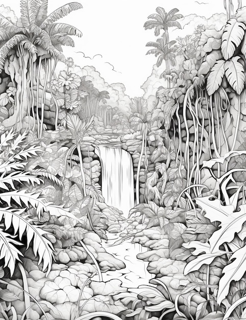 een tekening van een waterval in een tropische jungle met palmbomen generatieve ai