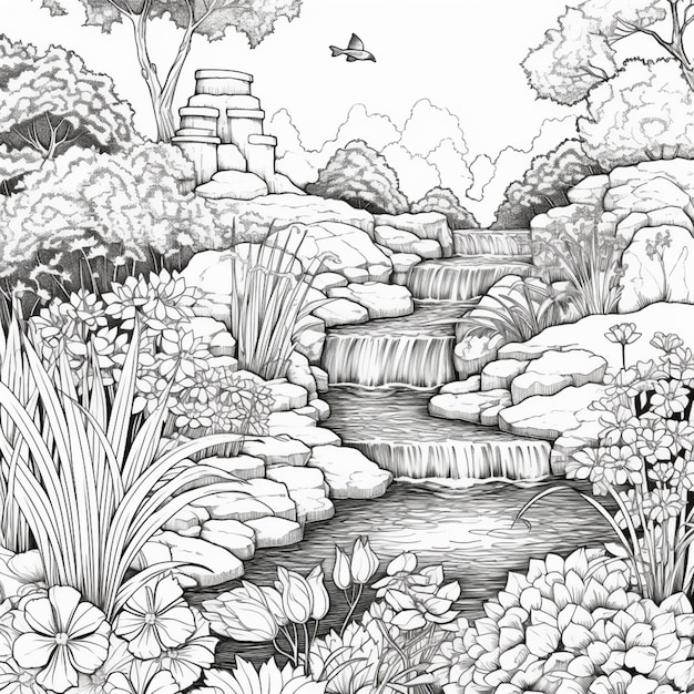 een tekening van een waterval in een tuin met bloemen en bomen generatieve ai