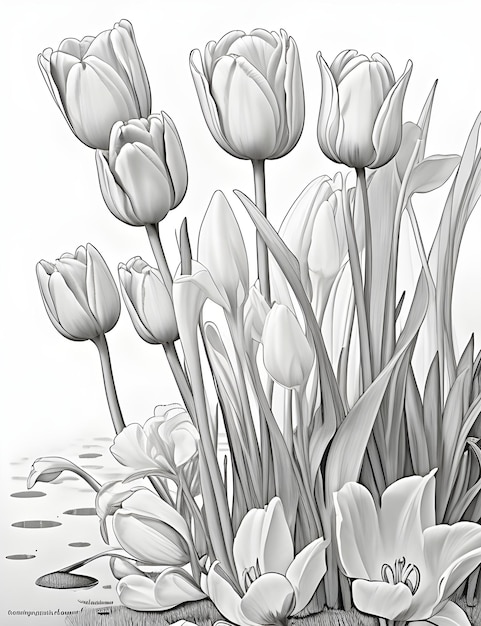 Foto een tekening van een witte tulp met een zwarte achtergrond met een witte omtrek voor kinderen om te kleuren