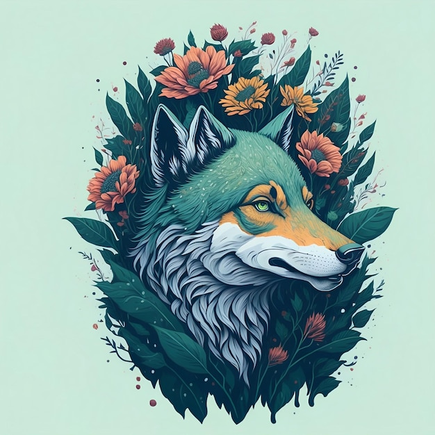 Een tekening van een wolf met een blauwe kop en oranje bloemen.
