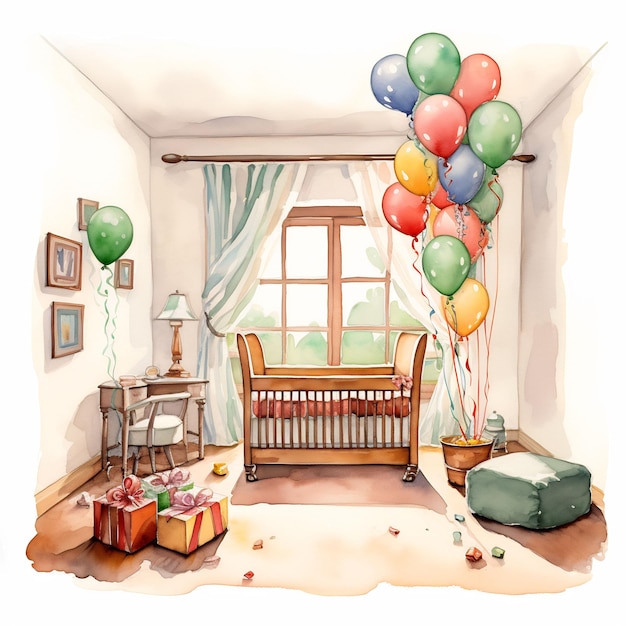 een tekening van een woonkamer met ballonnen en een piano