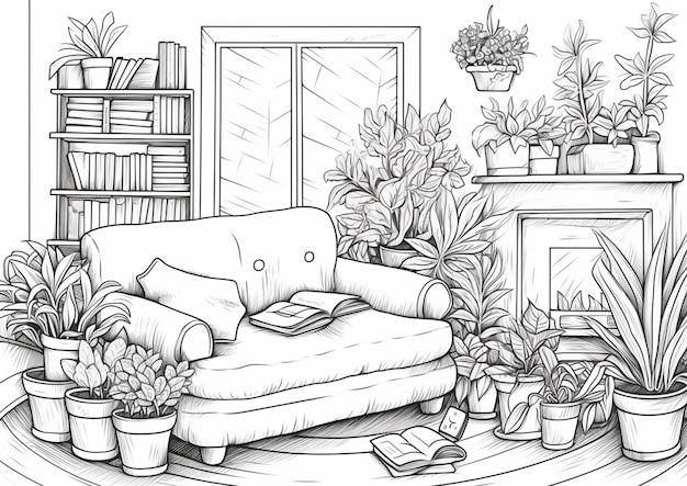 Een tekening van een woonkamer met een bank en potplanten generatieve ai