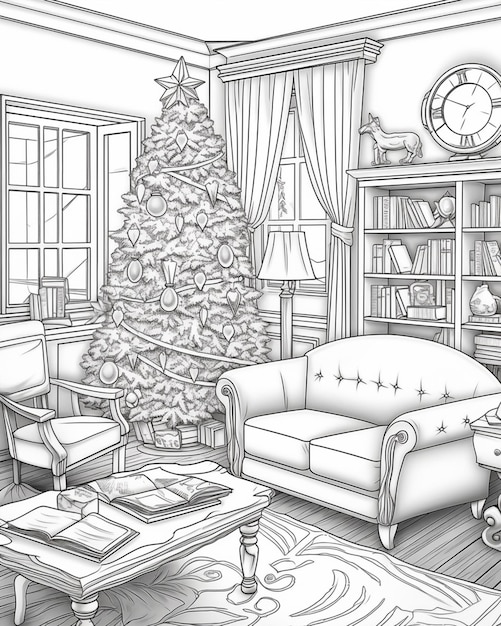 een tekening van een woonkamer met een kerstboom en een bank generatieve ai
