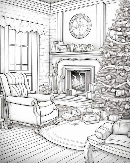 een tekening van een woonkamer met een kerstboom en een open haard generatieve ai
