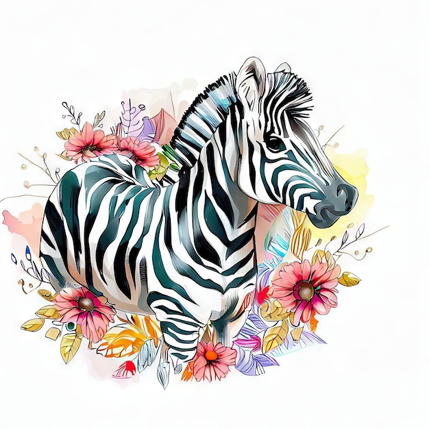 Een tekening van een zebra met bloemen erop