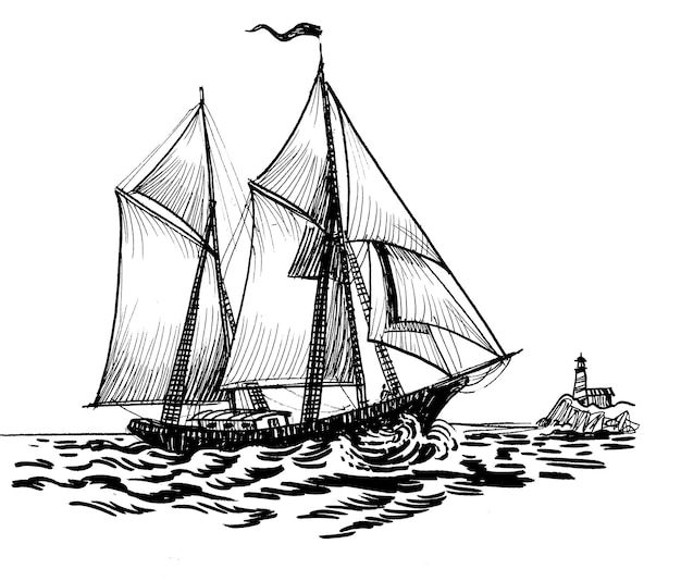 Foto een tekening van een zeilboot met zeilen over het water.
