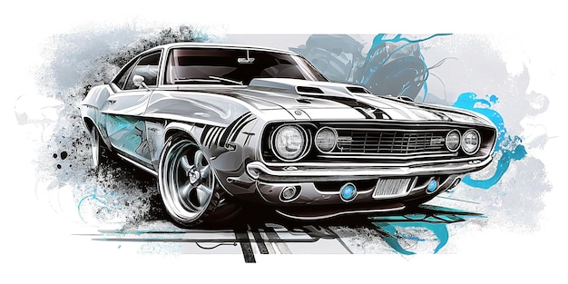 Een tekening van een zilveren muscle car