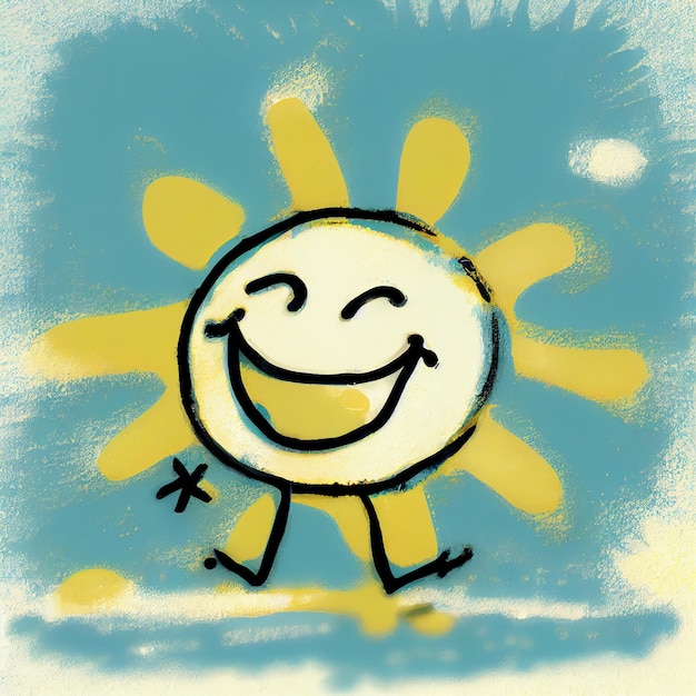 Een tekening van een zon en een smiley is getekend op een blauwe achtergrond.