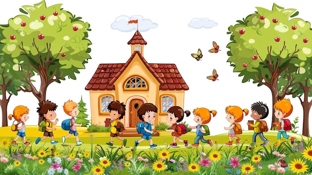 een tekening van kinderen die in de tuin spelen met een boom en een huis met vlinders