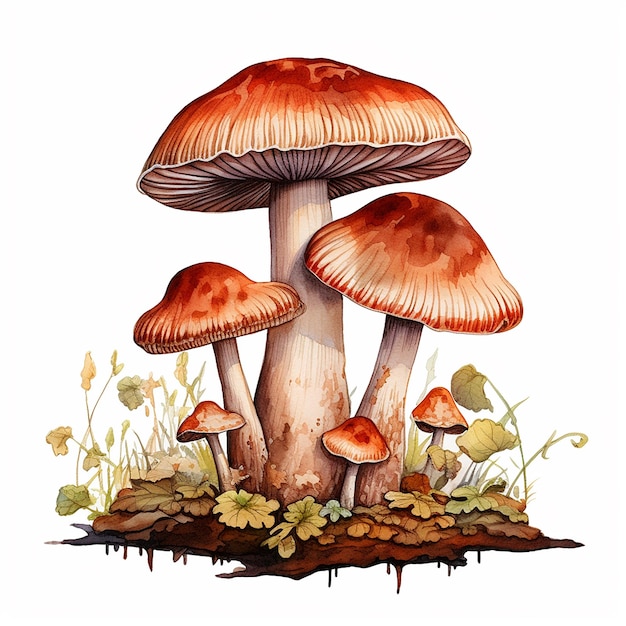 een tekening van paddenstoelen en gras met een aquarel van paddenstoelen.