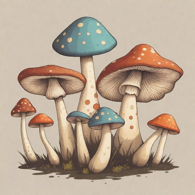 een tekening van paddenstoelen met een blauwe en oranje punt aan de onderkant