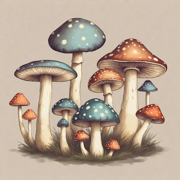 een tekening van paddenstoelen met een blauwe en witte punt aan de onderkant