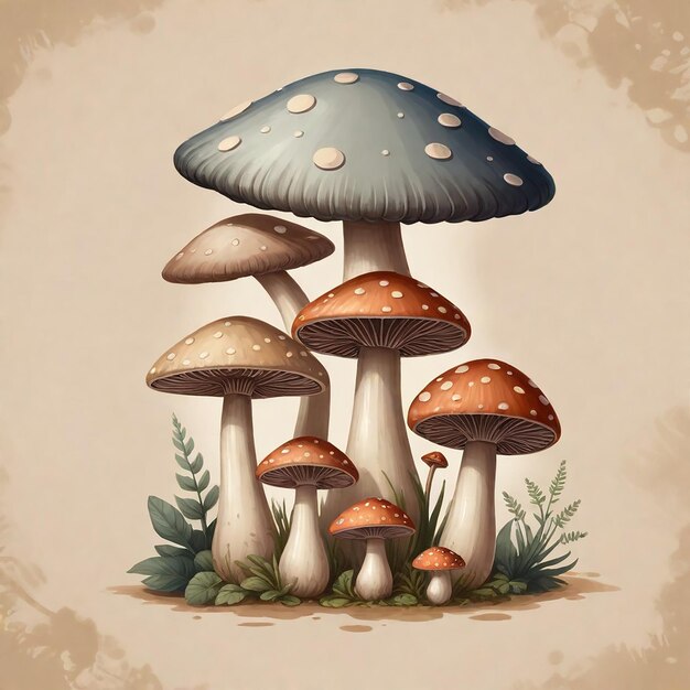 een tekening van paddenstoelen met een bruine achtergrond en een bruine agtergrond