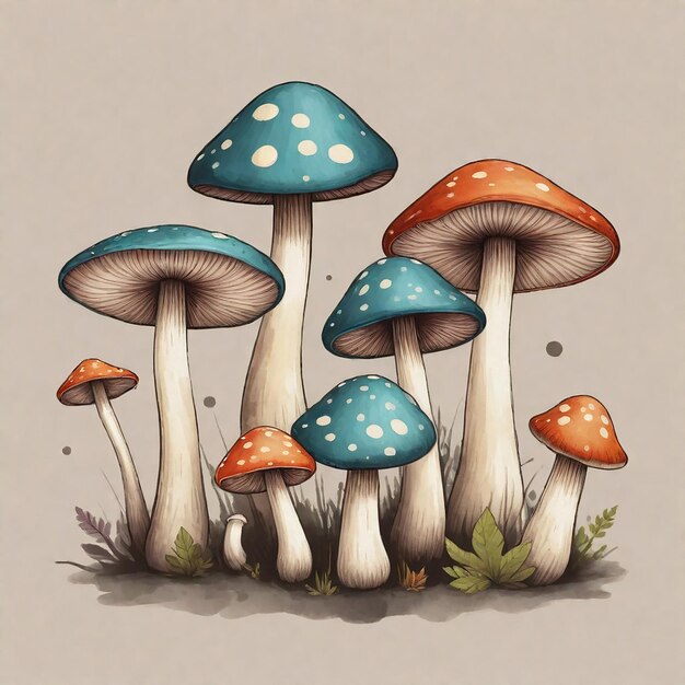 een tekening van paddenstoelen met witte stippen aan de onderkant