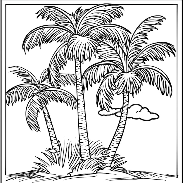 een tekening van palmbomen met wolken op de achtergrond