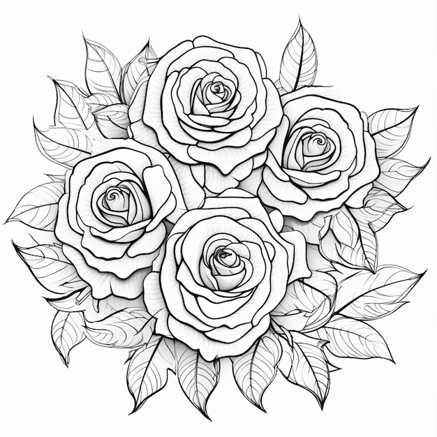 een tekening van rozen met bladeren op een witte achtergrond generatieve ai