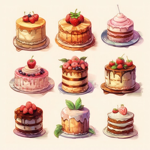 Een tekening van taarten met verschillende smaken, waaronder een die cake zegt