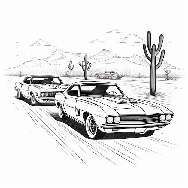 Een tekening van twee auto's die over een weg rijden naast een cactus generatieve ai