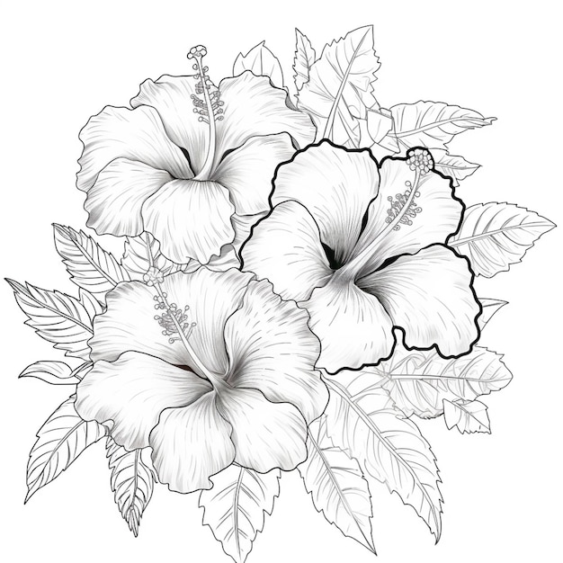 een tekening van twee hibisis met bladeren en bloemen generatieve ai