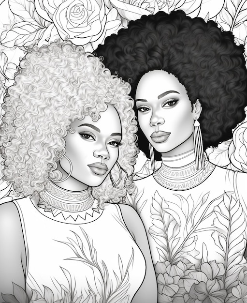 een tekening van twee vrouwen met afros en bloemen op de achtergrond generatieve ai