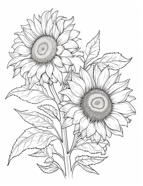een tekening van twee zonnebloemen met bladeren op een witte achtergrond generatieve ai