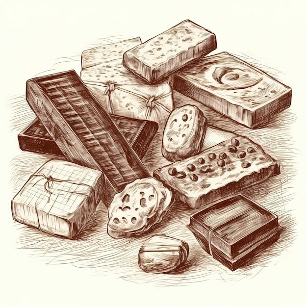 Foto een tekening van verschillende chocolaatjes, waaronder een met 'chocolade' erop