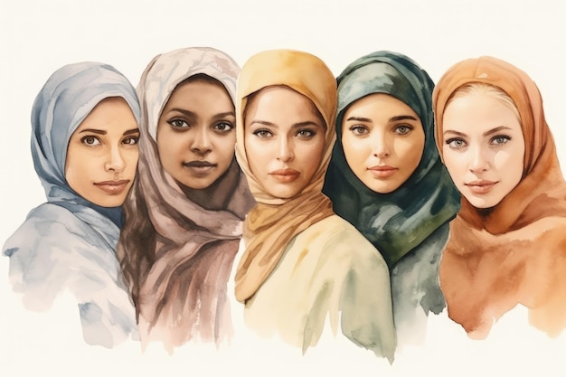 Een tekening van vier vrouwen die hijab dragen